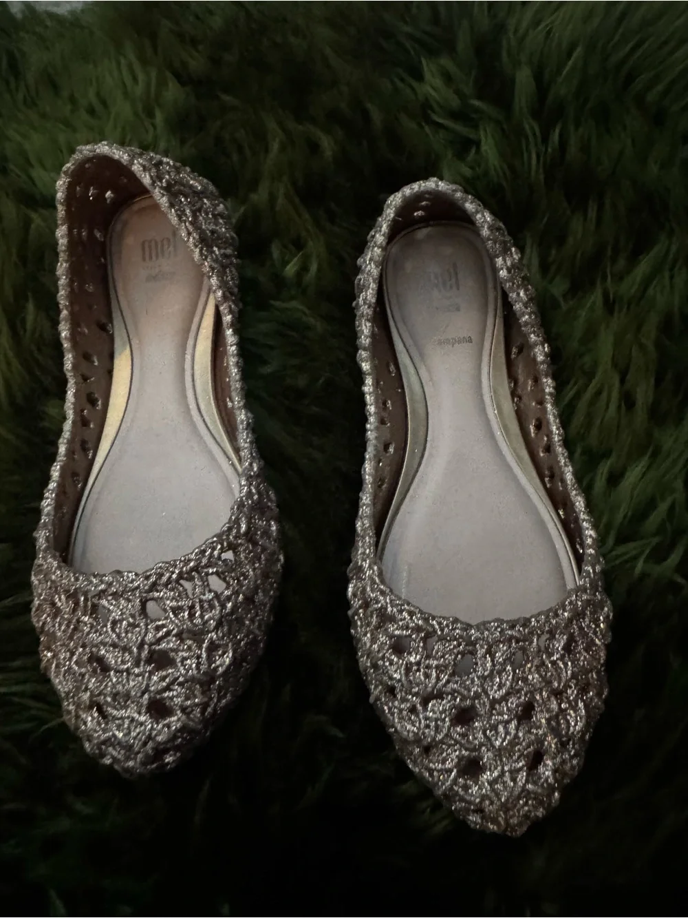 Mini Melissa Girls' Glitter Crochet Pointed Flats - Metallic Rose Gold size 13